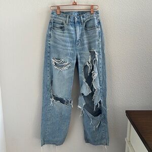 American Eagle Highest Rise Baggy Straight Denim Jeans Blowout Distressed 0